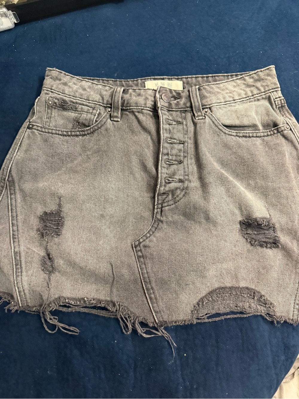 We the Free Distressed Button-Front Denim Mini Skirt in Washed Black/Gray